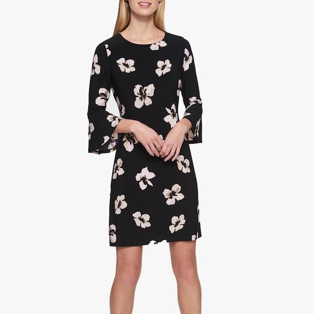 TOMMY HILFIGER Black/Beige Floral Sheath Stretch Bell Sleeves Dress